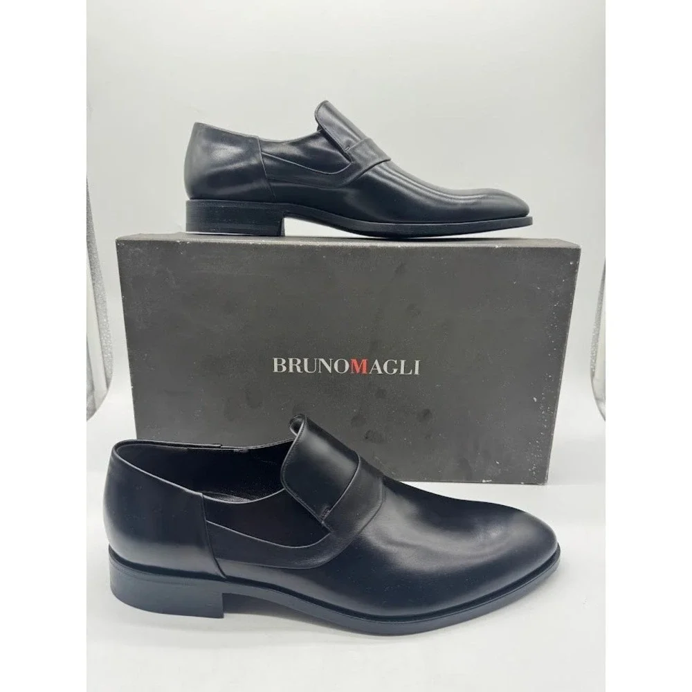 Bruno Magli Mens Black Leather Loafers Italian Hand Made Slip On Shoes 7.5 M